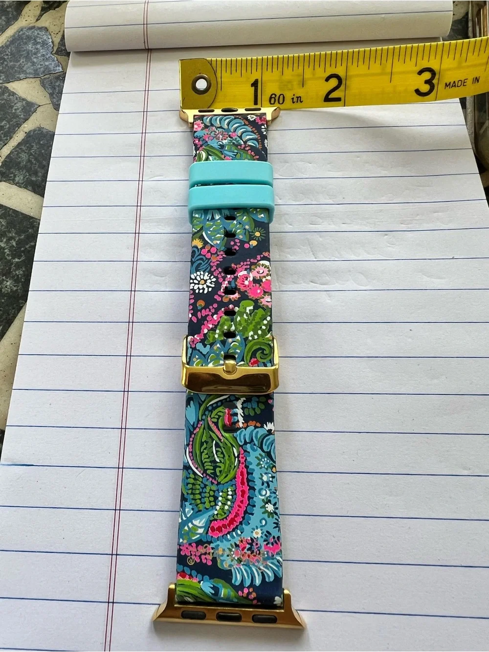 Lilly Pulitzer silicone Apple Watch band in floral paisley print aqua loop keep